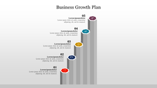 Business growth infographic with five gray blocks increasing in height, each step and color coded with hexagon icons.