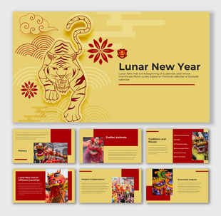 PowerPoint template for Lunar New Year, featuring slides on celebrations, rituals, zodiac animals, and modern practices.