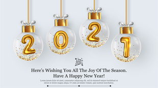 Decorative New Year slide featuring 2021 in gold inside ornaments, with glitter accents and a festive greeting at the bottom.