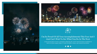 New Year themed slide with two photos of fireworks over city skylines and a message of pride and encouragement.