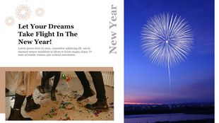 New Year slide with a motivational message, a firework bursting in the evening sky, and people dancing on a confetti floor.