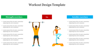 Illustrations of man and woman in workout poses and text on both sides with green and blue header and a red separator.
