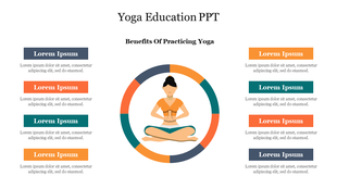 Illustration of a person in a yoga pose inside a multicolored ring, with eight rectangular text boxes on each side.