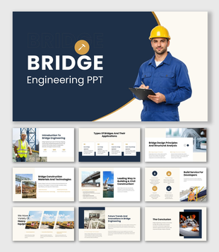 Bridge Engineering presentation with engineer, bridge design concepts, construction methods, and structural analysis.