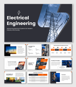 Electrical Engineering PowerPoint Template with power network images, process timelines, icons, and structured slides.
