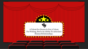 A stage with red curtains, a marquee sign featuring three stars, and a mask symbol displayed above an empty theater seating.