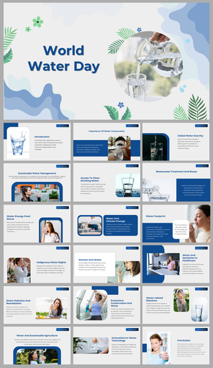 A pack of world water day slides showcasing key topics with various images and text descriptions.