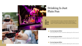 Slide with overlapping photos of red wine glasses and a bartender pouring drinks, with a golden text box and bullet points.