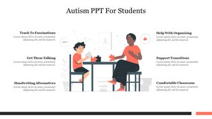 Autism focused PowerPoint slide with a teacher and student playing a puzzle game, emphasizing learning strategies.