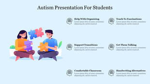 Illustration of two students sitting with colorful puzzle pieces, and six organized text sections on a light blue backdrop.