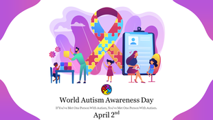 Autism awareness illustration with a puzzle ribbon and children and adults working together on activities on a purple theme.
