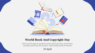 Open book at the center with floating books around, symbolizing celebration of world book and copyright day.