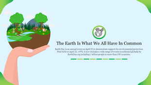 Slide celebrating Earth Day with quote, description of April 22 significance, and a graphic of forest wildlife in a hand.