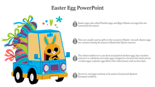 Illustration of a bunny driving a blue truck filled with colorful Easter eggs adorned with ribbons, alongside text.