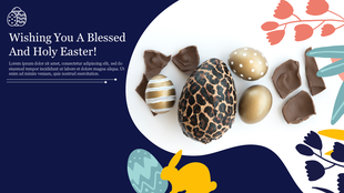 Decorative Easter eggs and chocolate pieces on a white background, paired with a festive message and floral graphics.