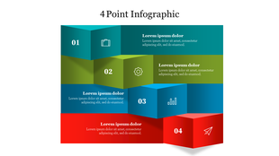Vibrant 4-point infographic slide featuring 3D blocks with icons, numbers, and placeholder text for each step.