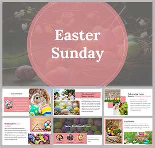Festive slide deck showcasing Easter symbols, including eggs and bunnies, with soft pink and white accents.