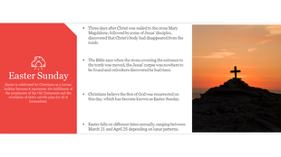 Easter Sunday PowerPoint template showcasing a cross on a hill during sunset with text detailing Easter’s significance.