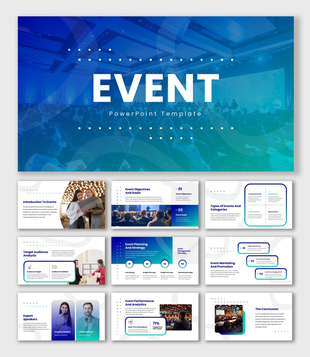 The Event presentation slide with conference audience, stage setup, and event planning strategy layout.