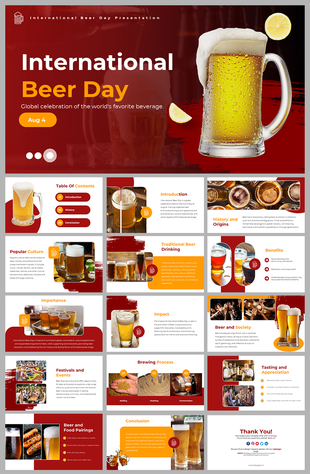 Comprehensive slide deck on International Beer day with sections on traditions, benefits, and global beer culture.
