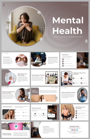 Mental health slides featuring various topics like anxiety disorders, depression, and therapy with supportive visuals.