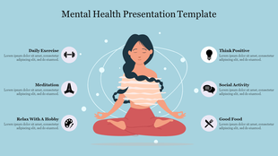 Illustration of a woman meditating at the center, surrounded by six icons with captions, all set on a light blue background.