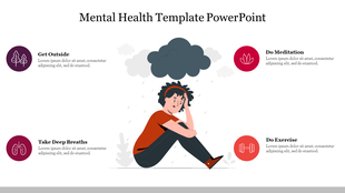 Mental health template slide showing a person in distress under a cloud, with icons for relaxation and wellness practices.