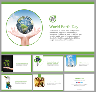 Earth day slide deck featuring images of the planet, recycling symbols, and environmental themes in a green layout.