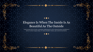 Decorative PowerPoint slide with gold ornate corners on a dark blue patterned background and an elegance quote in the center.