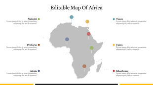 Grey African map with six colored location markers and city names displayed in a layout with text on both sides.