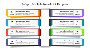 Colorful infographic PowerPoint slide with eight labeled options displayed in a horizontal format for organized information.