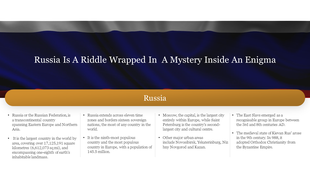 An infographic about Russia with facts and figures about its size, population, cities, and history in a dark background.