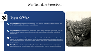 Slide discussing types of war, with a blue content section and an image of soldiers in a trench on the right.