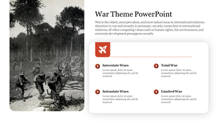 War Theme slide with headings for Interstate, Intrastate, Total, and Limited Wars with placeholder text and icons.