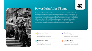 PowerPoint war theme slide with a black and white image of riot police, alongside four sections with placeholder text.