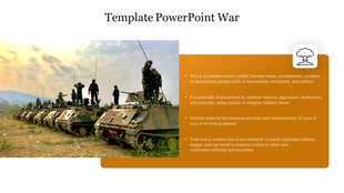 Image of armed troops on armored vehicles with bullet points on war and warfare in a rounded orange box on the right.