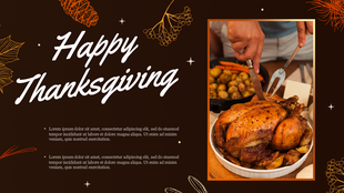 Thanksgiving slide with a roasted turkey being carved, set against a brown background with festive autumn leaves and stars.