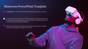 PowerPoint slide on the Metaverse, highlighting key points and showing a person immersed in virtual reality.