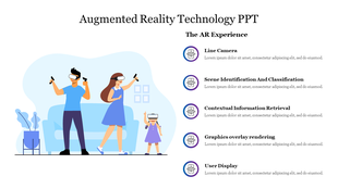 Illustration of parents and child using VR headsets and feature elements with icons listed on the right.
