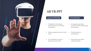 VR headset user with a hand outstretched on the left, with a comparison text in two columns on the right.