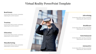 Virtual slide showing a professional using VR goggles, with eight sectors including Tourism, Healthcare, and Automotive.