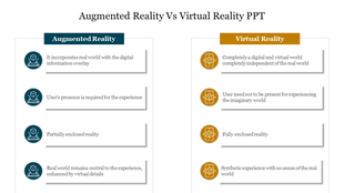 Slide comparing Augmented Reality and Virtual Reality, detailing key features of each technology with icons and text.