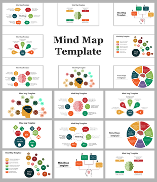 Collection of colorful mind map slides featuring various designs and layouts for organizing ideas visually with icons.