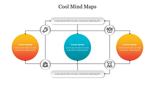 Circular mind map with a blue circle connected to two yellow red circles, surrounded by six white icons and gray text boxes.