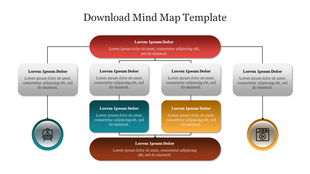 Mind map with colorful rectangles in gray, red, blue, yellow, and brown, and two circles containing icons.