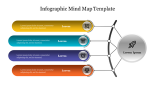 Horizontal mind map with four rounded colored bars in yellow, teal, purple, and orange, each ending in a circle with an icon.