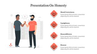 Visual representation of honesty with two people engaging in a handshake with icons and placeholder text.