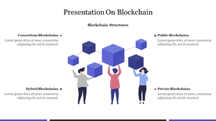 Template showcasing blockchain structures with four labeled sections, each with icons showing individuals holding blocks.