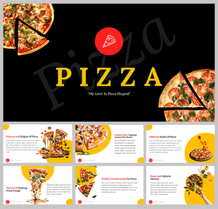 Slide deck with images of various pizzas, sections on history, toppings, health considerations, and pizza making techniques.