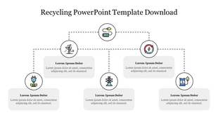 Circular icons with recycling themes connected by dotted lines, leading to five gray text boxes below.